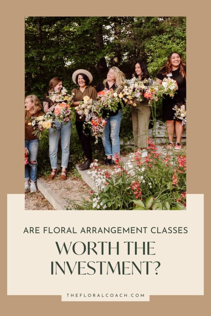 Amy Balsters from The Floral Coach standing in a line with her fellow florists while holding up their flower arrangements; image overlaid with text that reads Are Floral Arrangement Classes Worth the Investment?