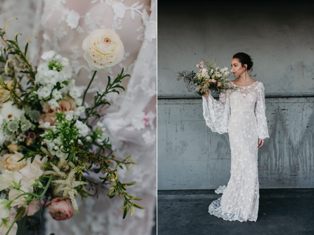 Bride with lush airy white bouquet, Bouquet by Amy Balsters, Photography by Rebecca Lemire