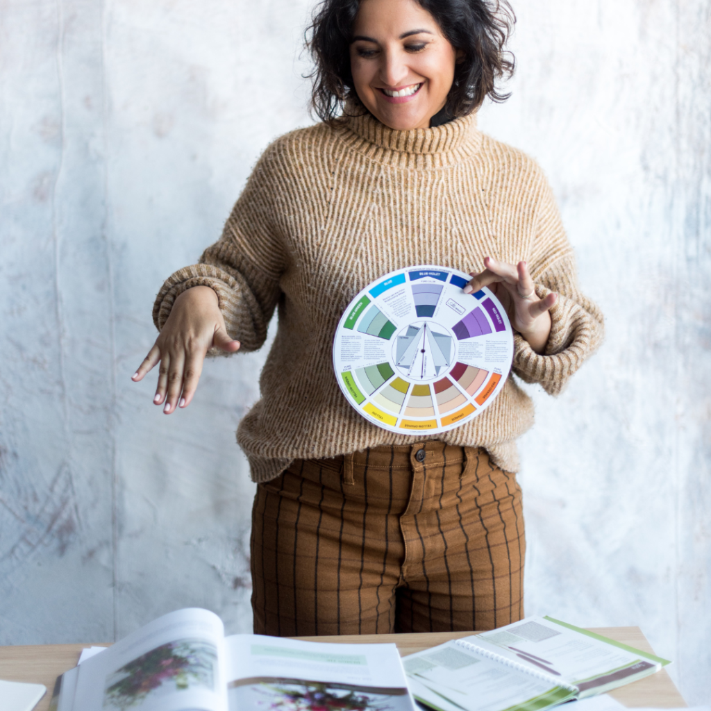 Image off Amy Balsters, The Floral Coach® using a color wheel to teach color theory for floral design