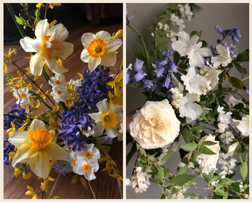 The Floral Coach®, Left: blue hyacinth is magical with sunny, golden yellow daffodils for a strikingly beautiful near complementary palette. Right: wood hyacinth dances among white azalea, deutzia, and garden roses. 