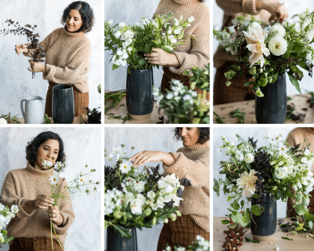 Photocollage of Amy Balsters, The Floral Coach® arranging flowers
