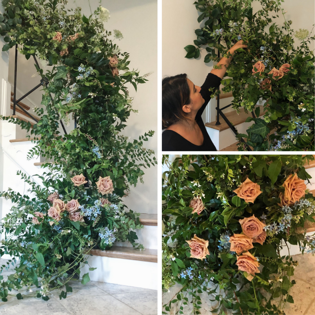 Amy Balsters, The Floral Coach®, Selective, grouped placements of “Toffee” roses and blue tweedia allow for higher impact moments in a recipe that doesn’t allot for loads of stems. 